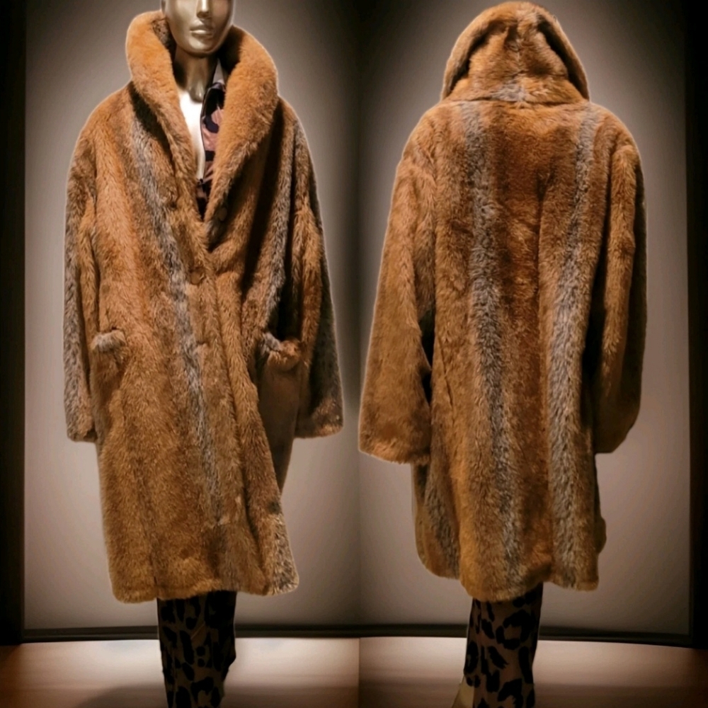 Vintage Red Fox Faux Fur Large Collared Button Front Full Length Winter Coat